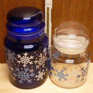 New Set of 2 Libbey Cobalt Blue & Clear Glass Xmas Snowflake Canister Jars